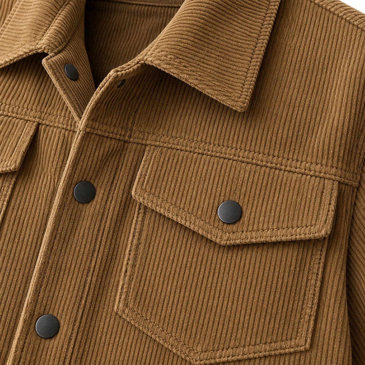Coffee-brown corduroy jacket showing the collar, chest-flap detailing and press-stud fastening