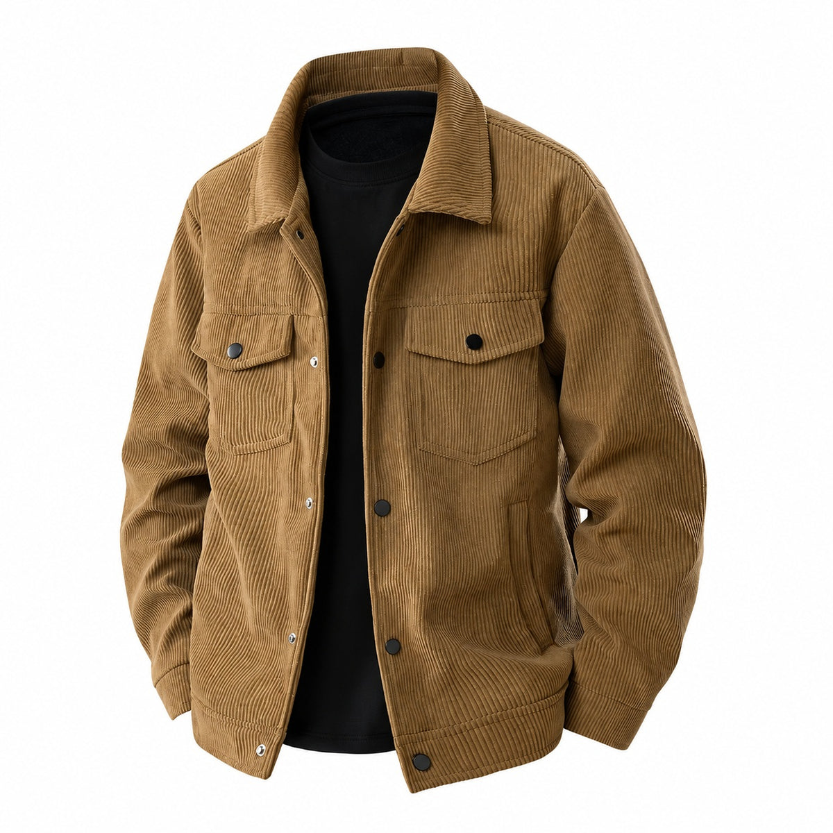 Coffee-brown corduroy jacket shown open over a black styling top, exterior view