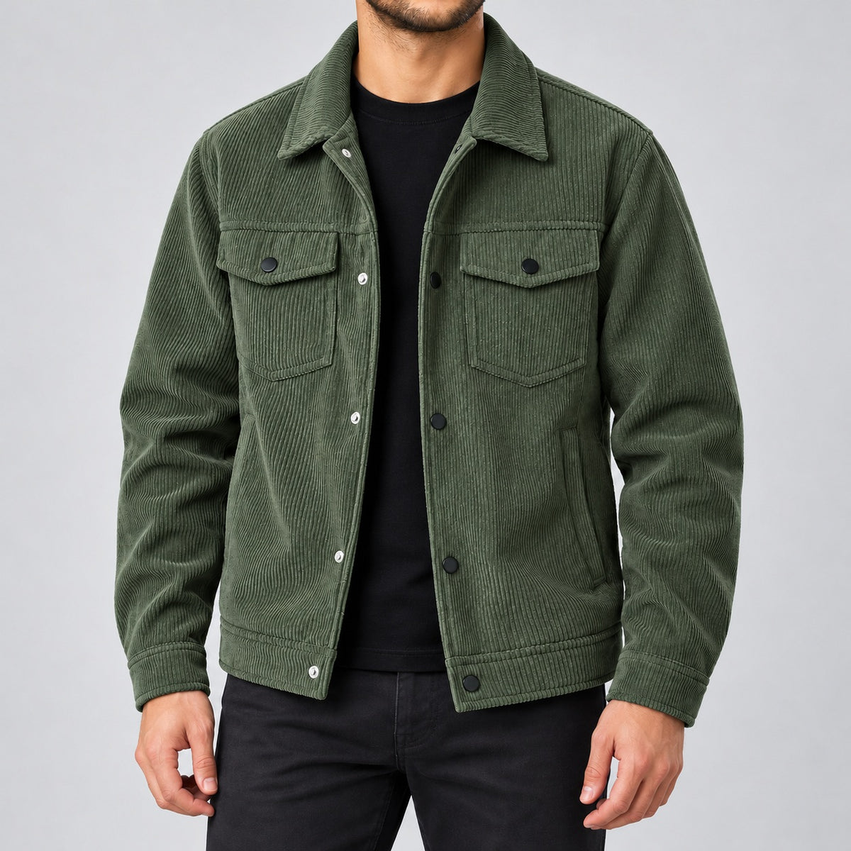 Olive-green corduroy jacket with press-stud front on a model, front view