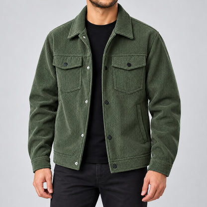 Olive-green corduroy jacket with press-stud front on a model, front view