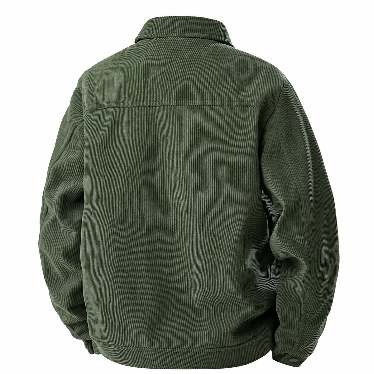Olive-green corduroy jacket showing the back yoke, sleeves and hem