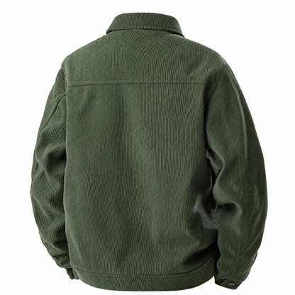 Olive-green corduroy jacket showing the back yoke, sleeves and hem