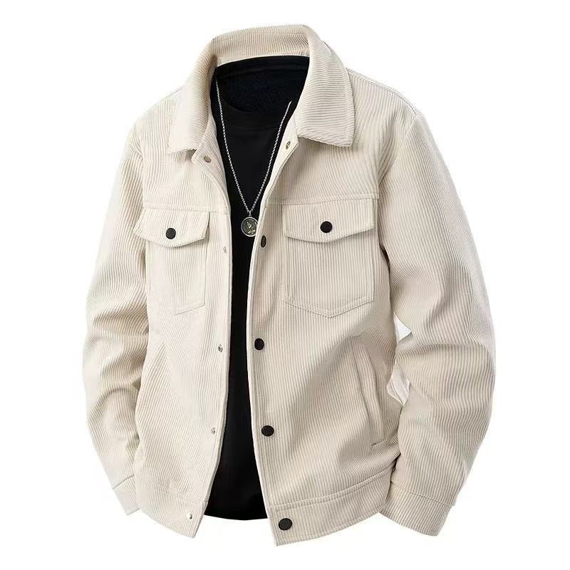 Ecru corduroy jacket shown from the front over a black styling top