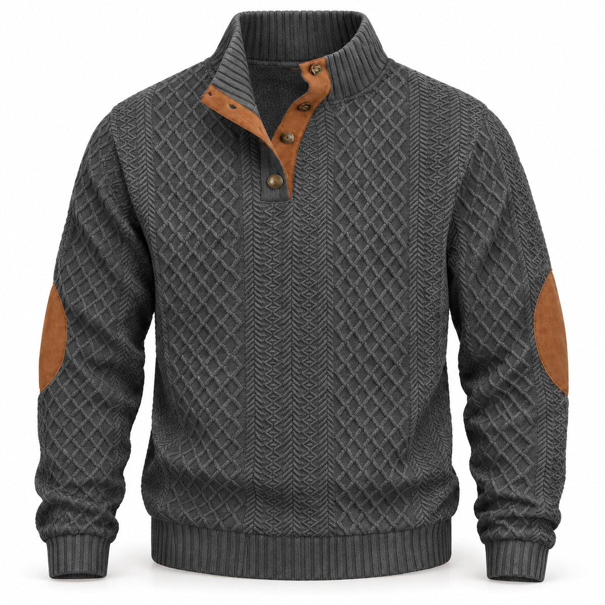 Charcoal Grey men's textured jacquard stand-collar pullover, garment-only front view with contrast elbow patches
