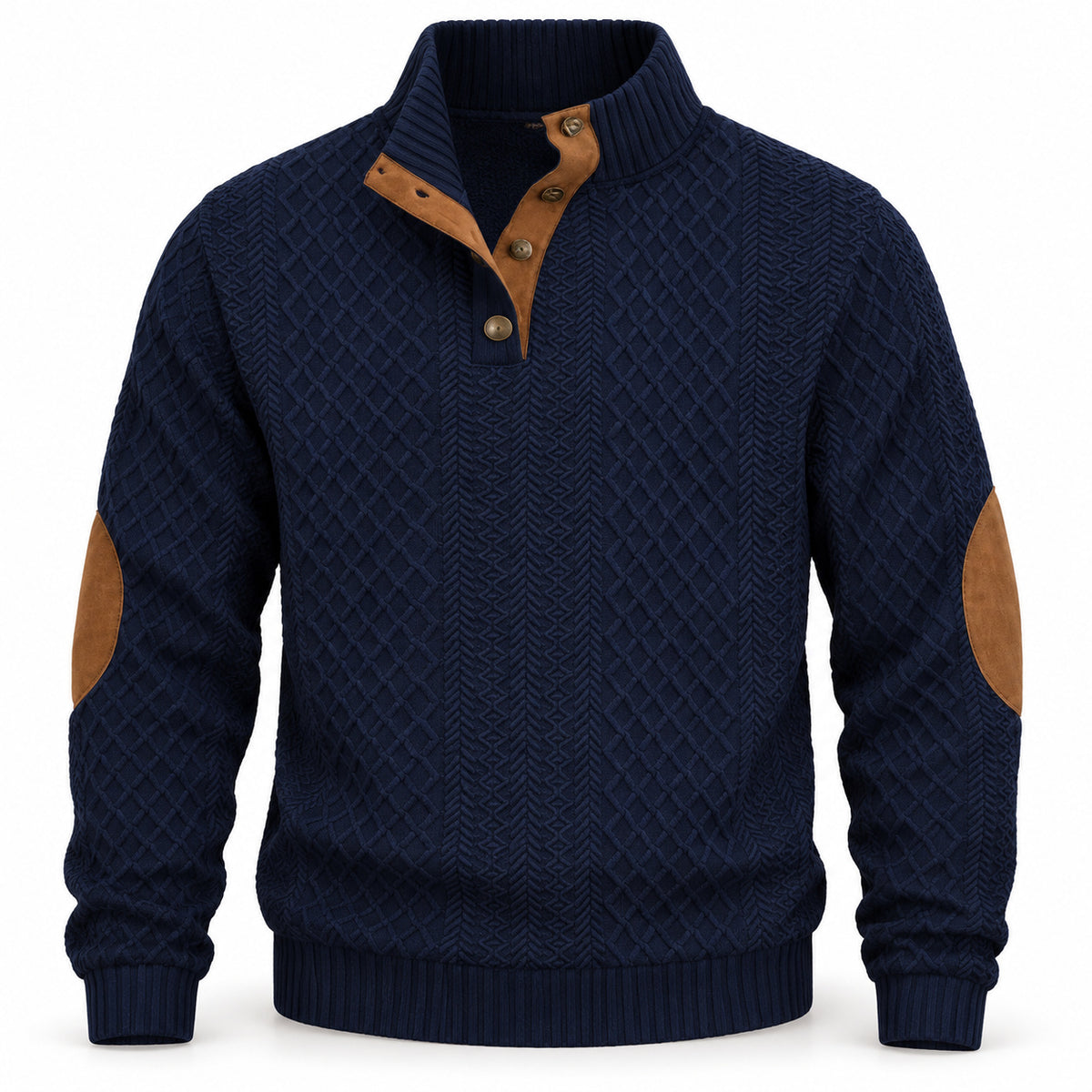 Deep Navy men's textured jacquard stand-collar pullover, garment-only front view with contrast elbow patches