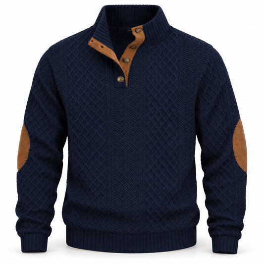 Deep Navy men's textured jacquard stand-collar pullover, garment-only front view with contrast elbow patches