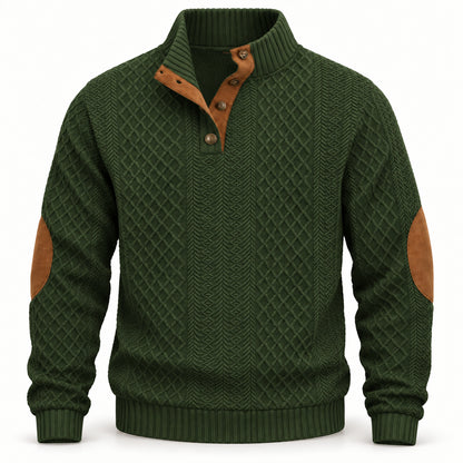 Forest Green men's textured jacquard stand-collar pullover, garment-only front view with contrast elbow patches