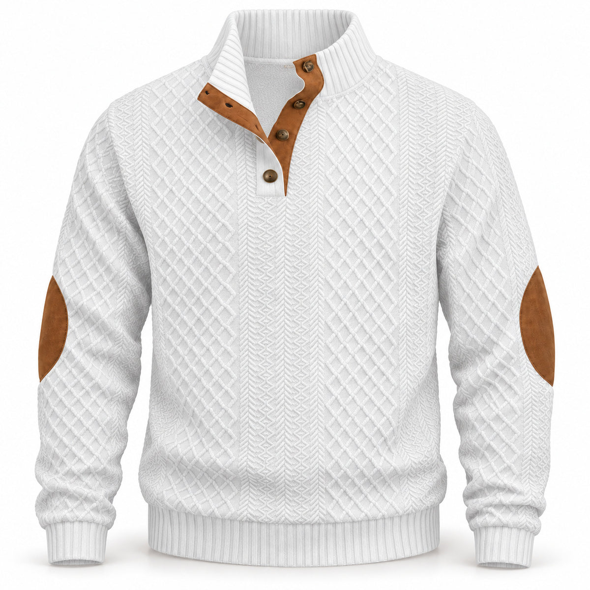 White men's textured jacquard stand-collar pullover, garment-only front view with contrast elbow patches