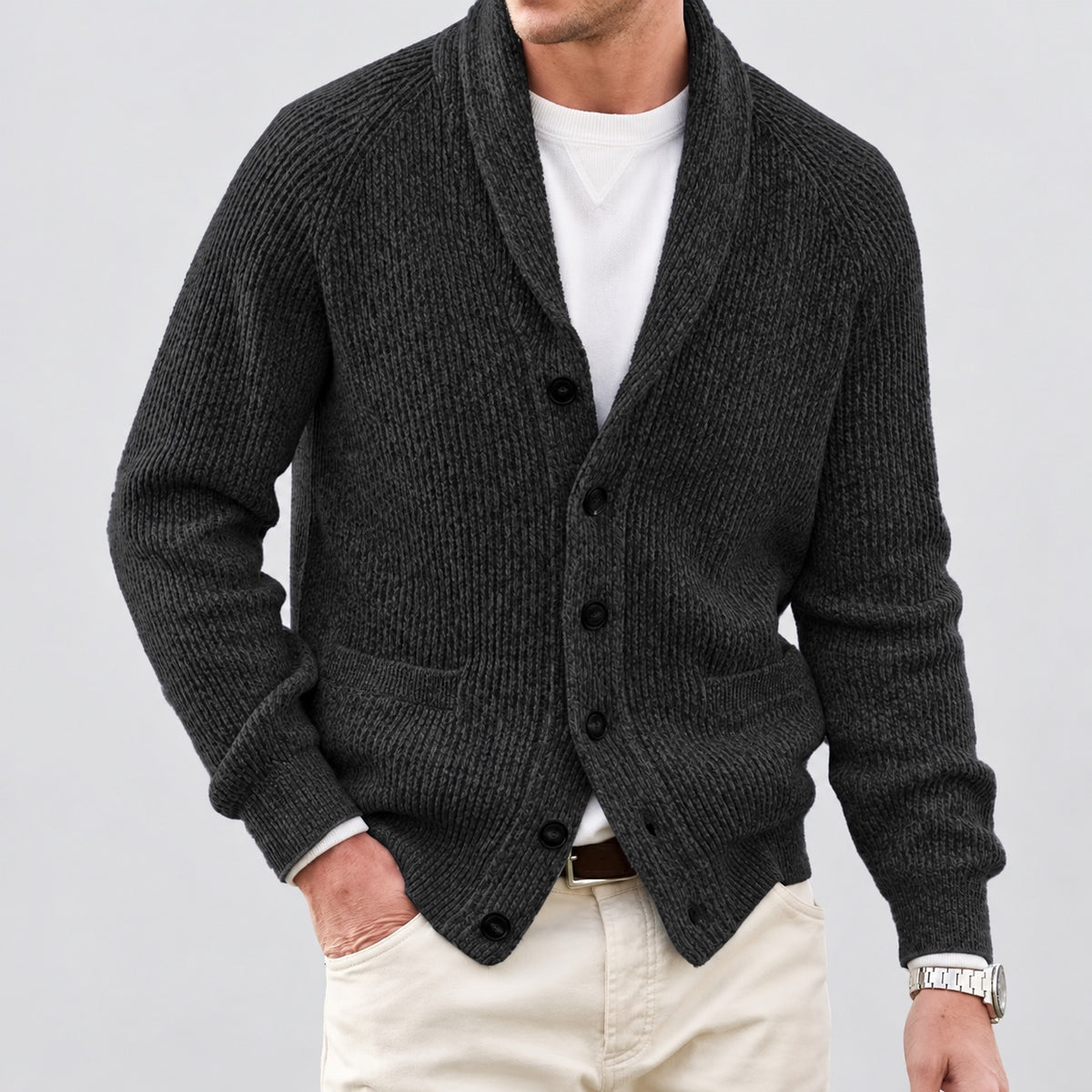 Front view of the charcoal shawl collar cardigan