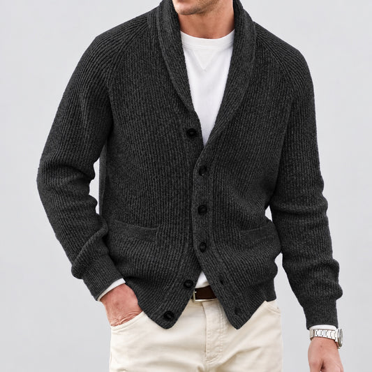 Front view of the charcoal shawl collar cardigan