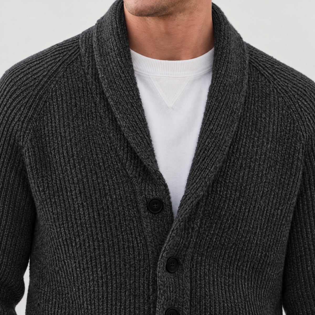 Charcoal cardigan shawl collar and upper front button detail