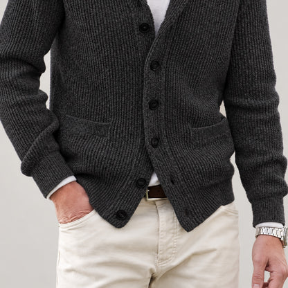 Charcoal cardigan front patch pockets, knit texture and lower hem