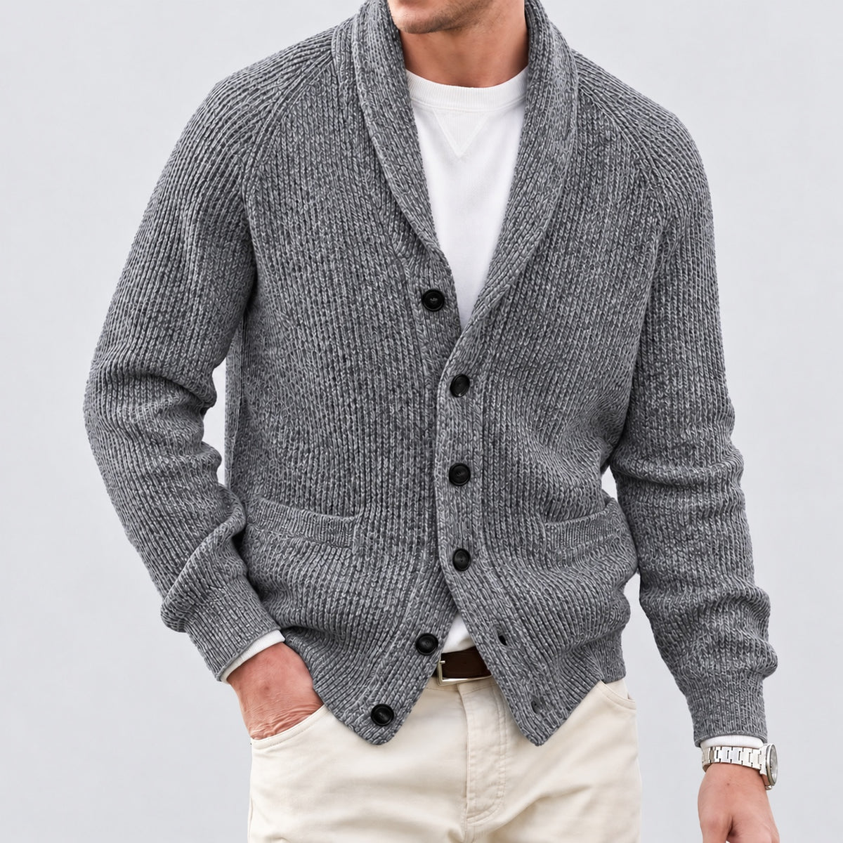 Front view of the grey shawl collar knit cardigan