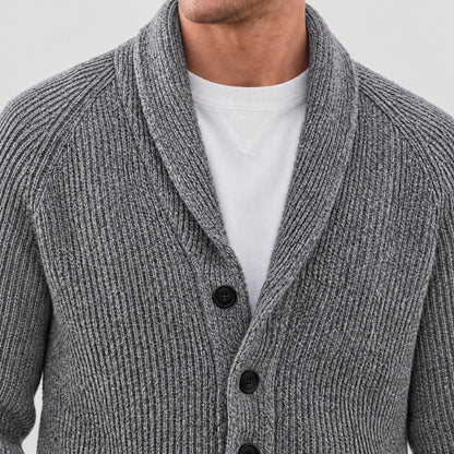 Shawl collar and upper front button detail on the grey cardigan