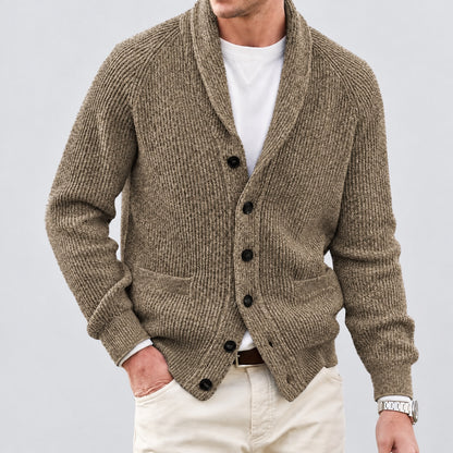 Front view of the khaki shawl collar knit cardigan