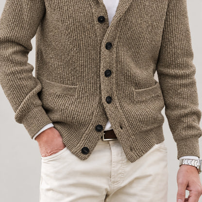 Front patch pockets, knit texture and lower hem on the khaki cardigan