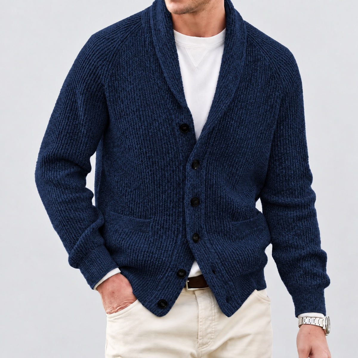 Front view of the navy shawl collar knit cardigan