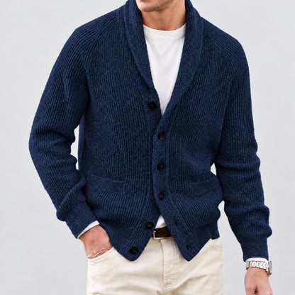 Front view of the navy shawl collar knit cardigan