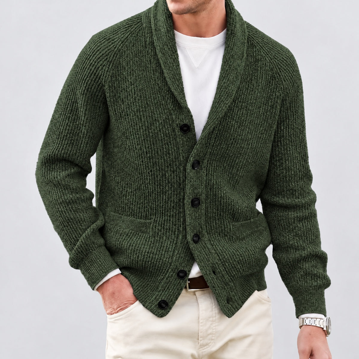 Front view of the olive green shawl collar knit cardigan