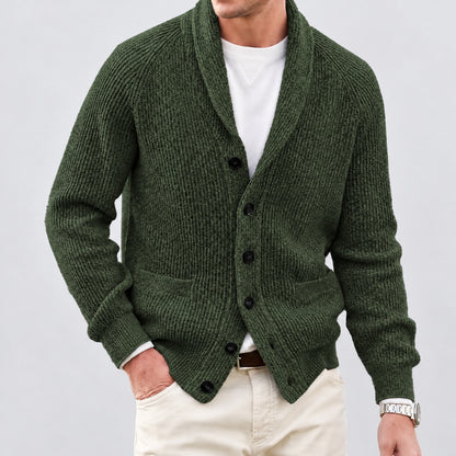 Front view of the olive green shawl collar knit cardigan