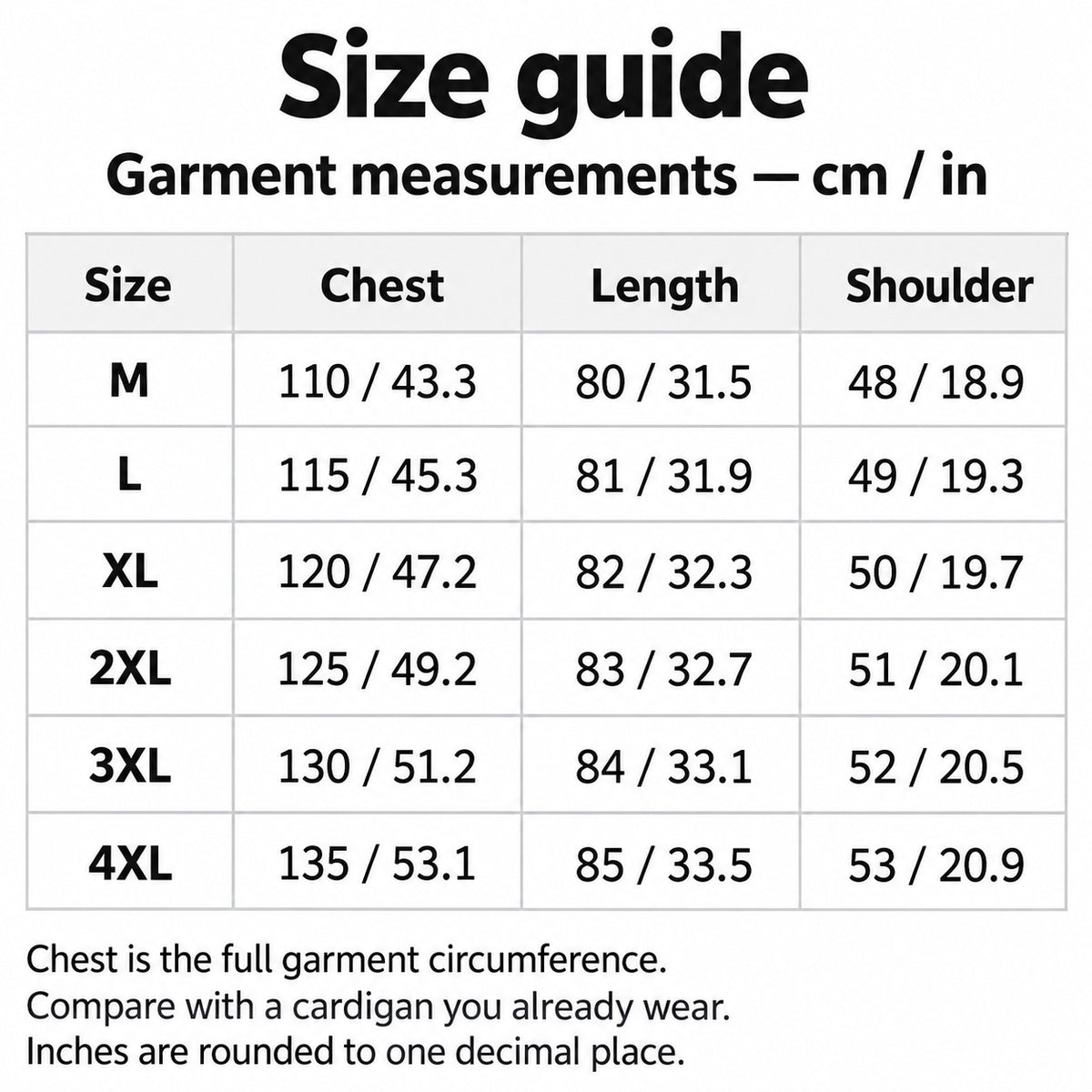 Cardigan garment measurements in centimetres and inches; chest is full garment circumference