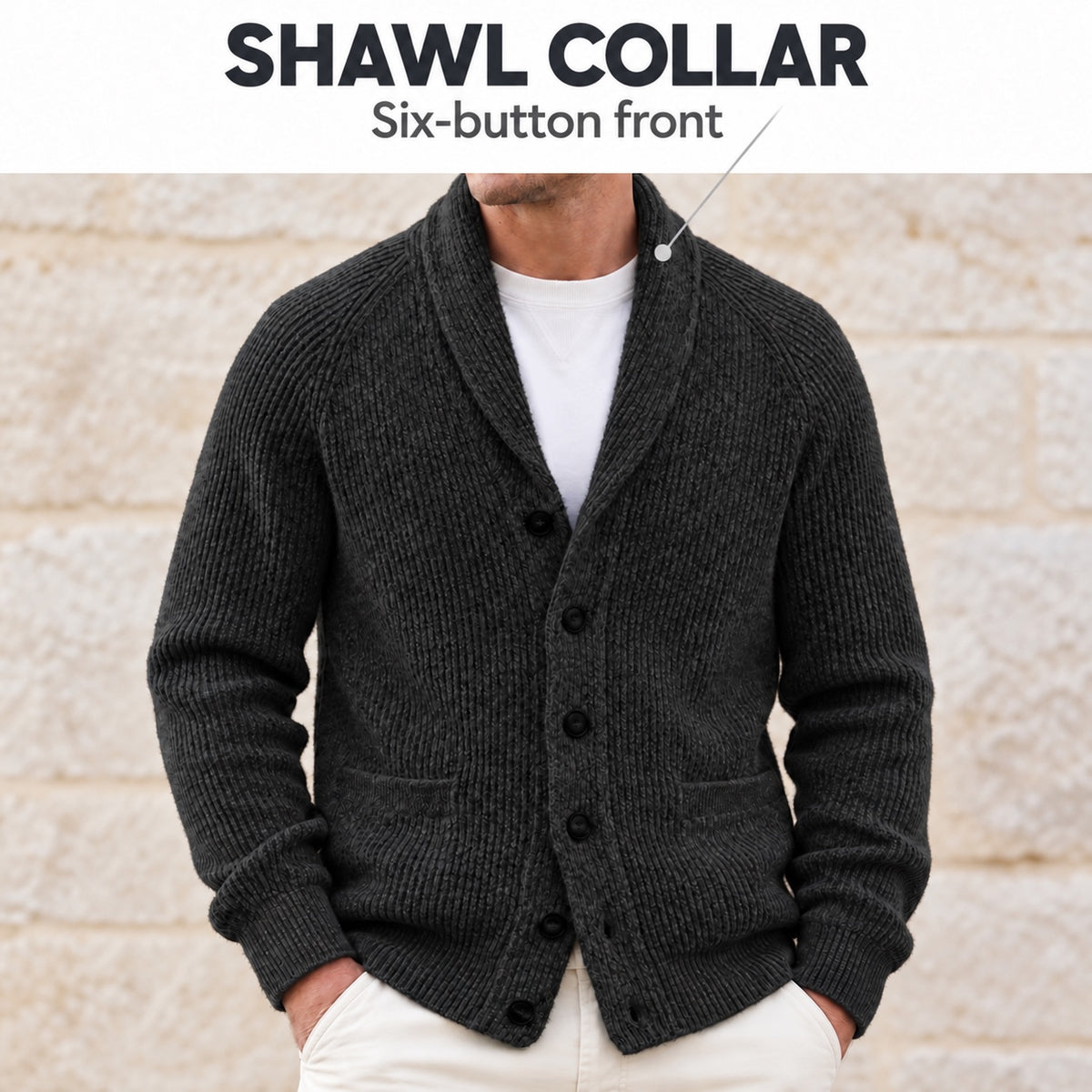 Annotated detail of the charcoal cardigan's shawl collar and six-button front