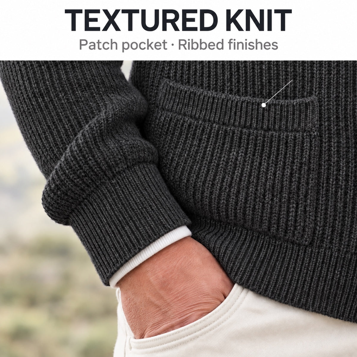 Annotated detail of the charcoal cardigan's textured knit, patch pocket and ribbed cuff