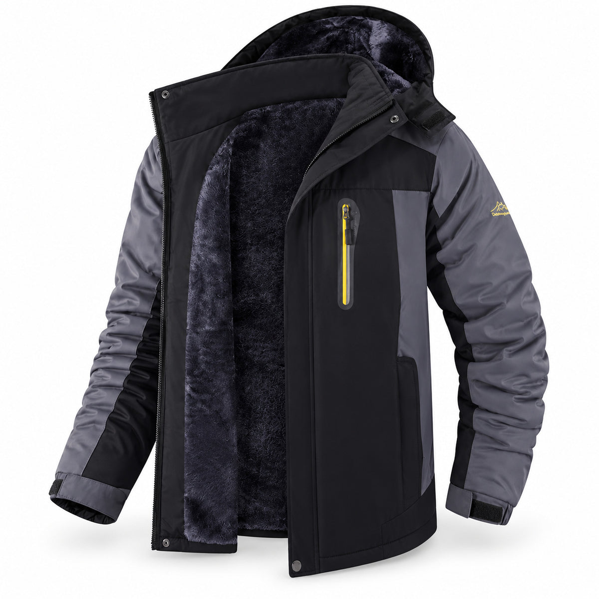 Black men’s fleece-lined padded jacket with contrast panels, yellow chest-pocket zip and original sleeve mark