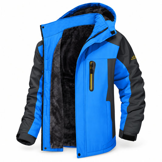 Blue men’s padded jacket with blue inner-sleeve panels, dark contrast sections, a yellow chest zip and gold sleeve mark