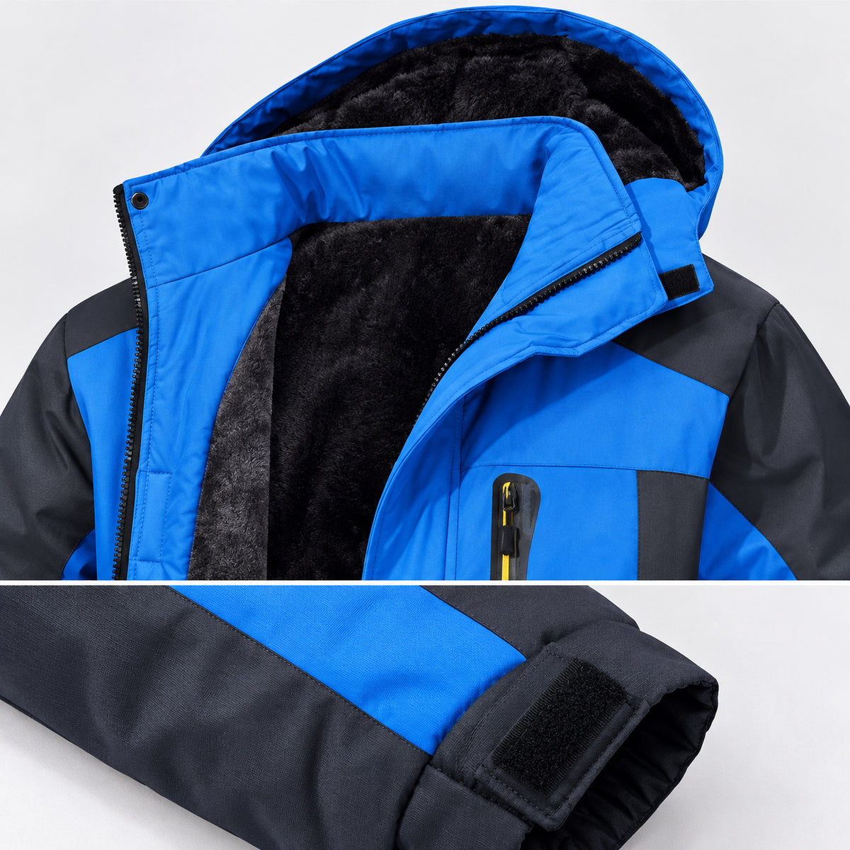 Close views of the blue collar facing, fleece-lined hood and dark adjustable cuff