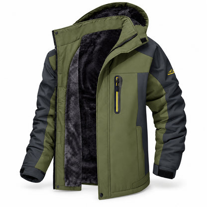 Olive Green men’s fleece-lined padded jacket with contrast panels, yellow chest-pocket zip and original sleeve mark