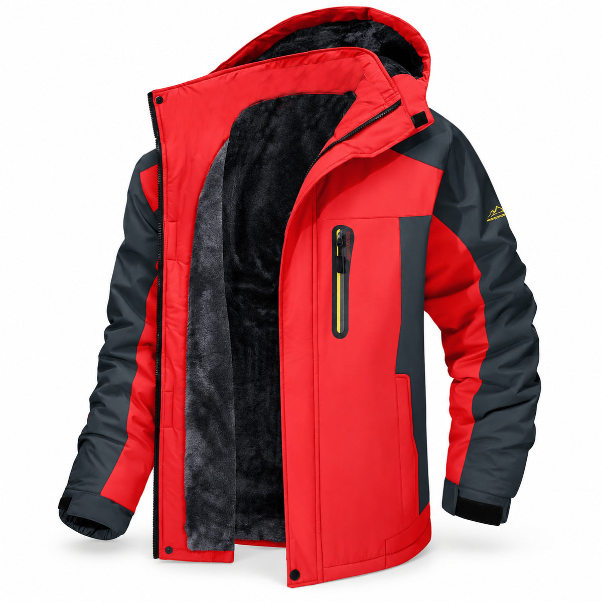 Red men’s fleece-lined padded jacket with contrast panels, yellow chest-pocket zip and original sleeve mark