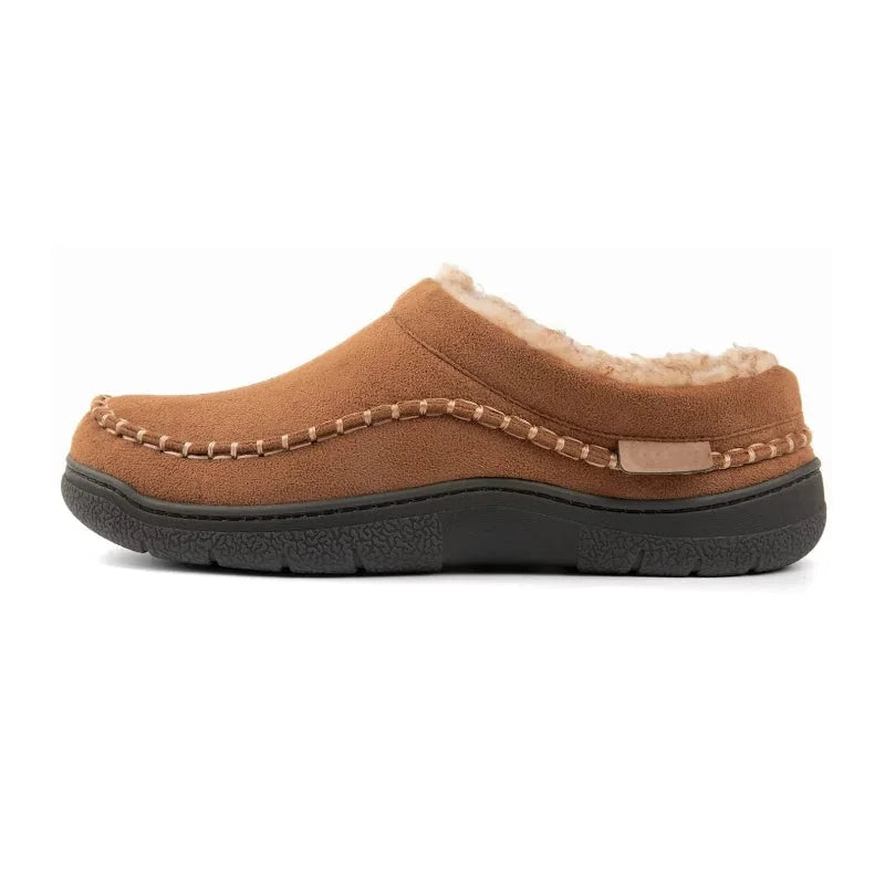 Tan fleece-lined moccasin house slipper with a black sole, side profile