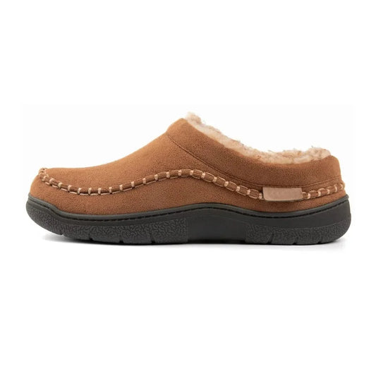 Tan fleece-lined moccasin house slipper with a black sole, side profile