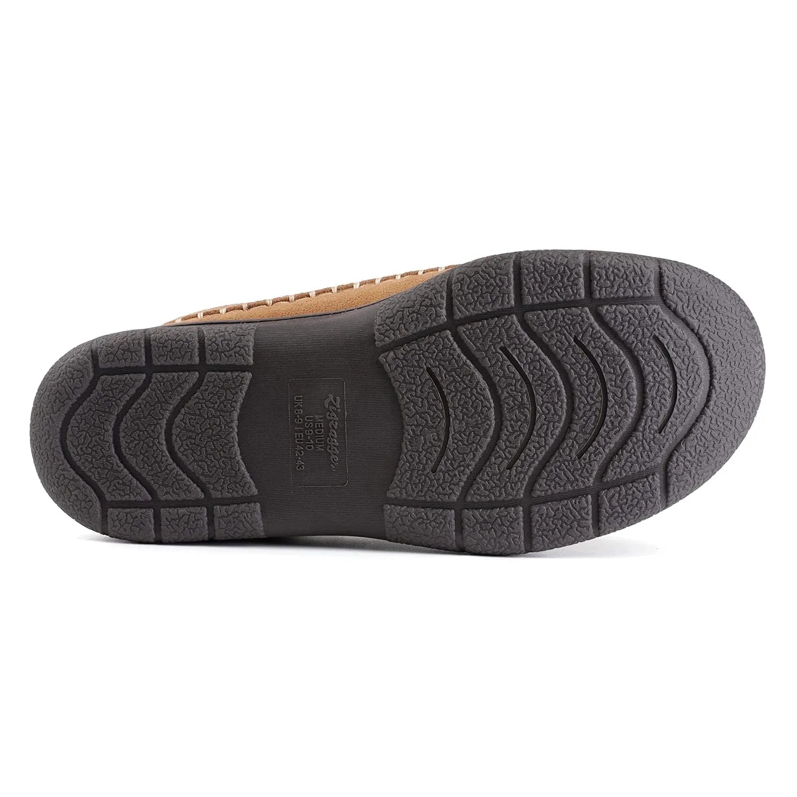 Textured black rubber outsole on a wide fit house slipper, sole view