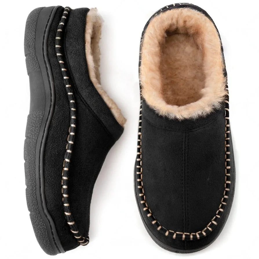 Black wide fit moccasin slippers with beige fleece lining, top and side views