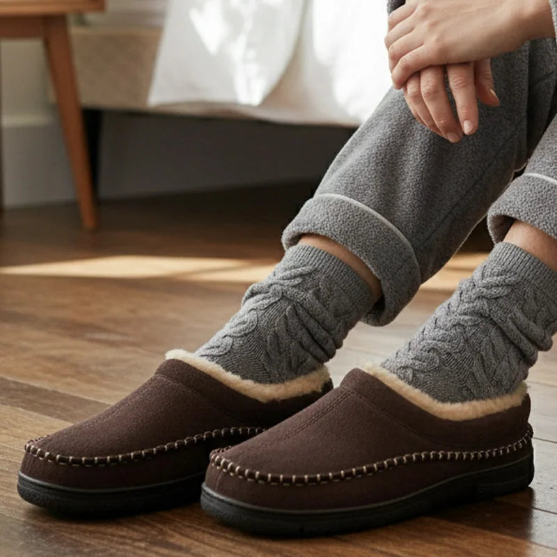 Coffee-brown fleece-lined slippers worn with grey socks beside a bed