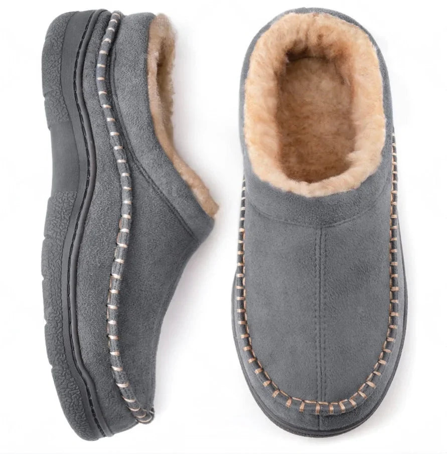 Grey wide fit moccasin slippers with beige fleece lining, top and side views