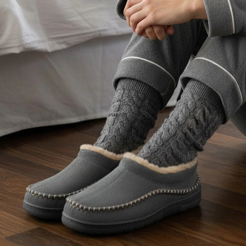 Grey fleece-lined house slippers worn with knitted socks beside a bed