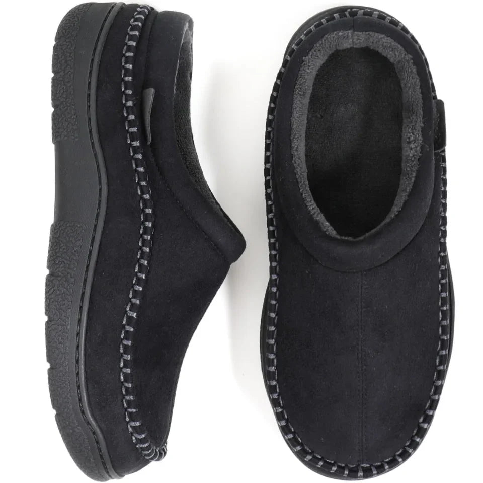 All-black wide fit moccasin slippers with dark lining, top and side views