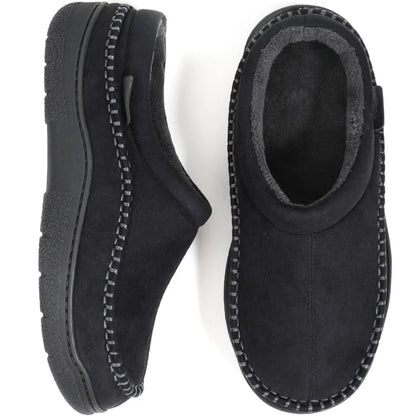 All-black wide fit moccasin slippers with dark lining, top and side views