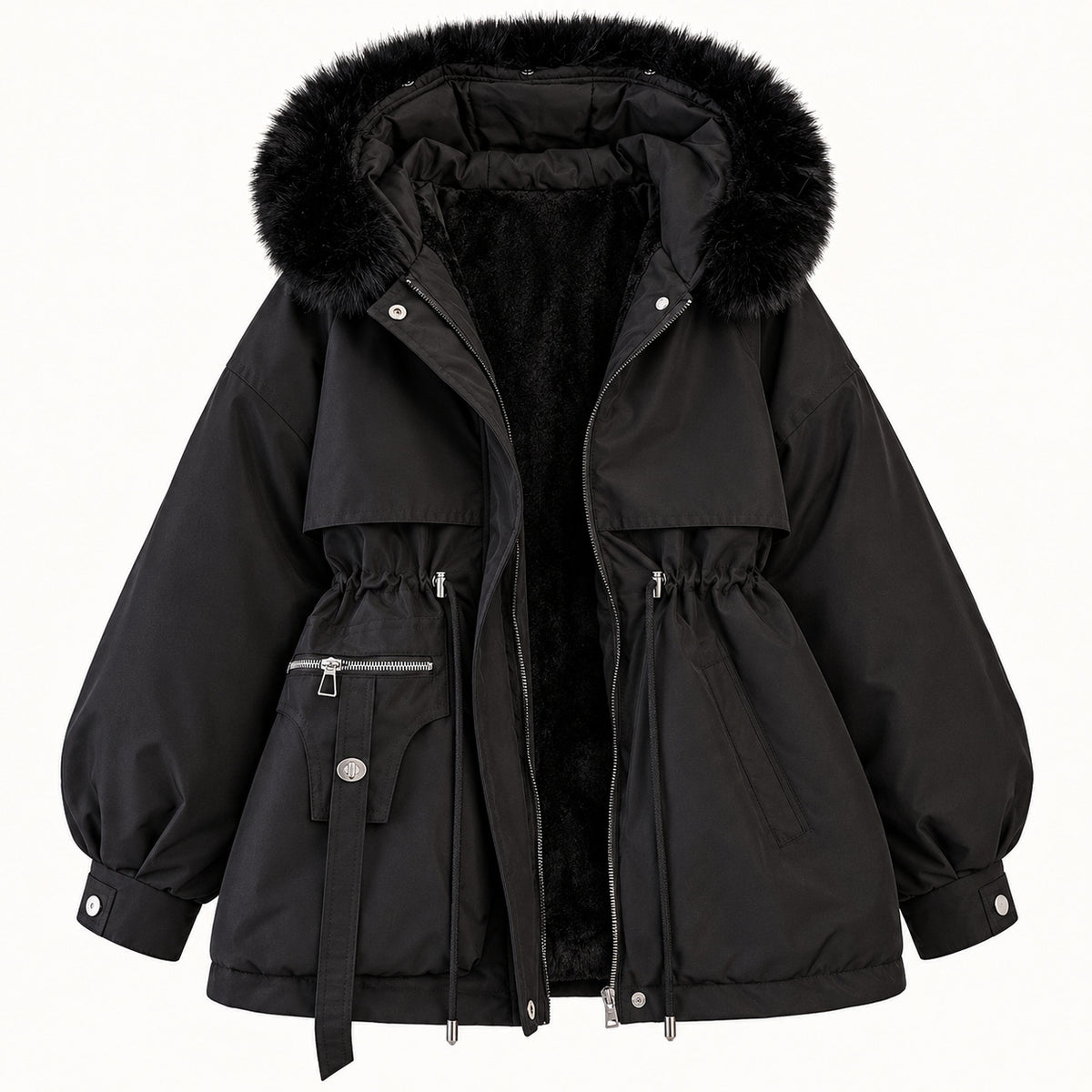 Black women’s hooded parka shown from the front, with a drawcord waist, one zipped utility pocket and a long fabric tab.