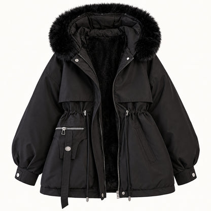 Black women’s hooded parka shown from the front, with a drawcord waist, one zipped utility pocket and a long fabric tab.