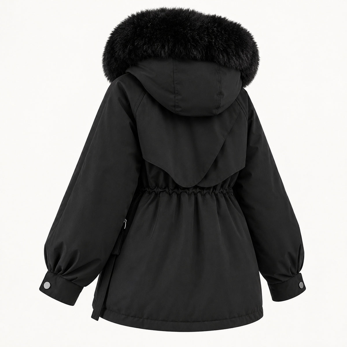 Rear three-quarter view of the black hooded parka, showing the rounded layered back yoke, gathered waist and snap cuffs.