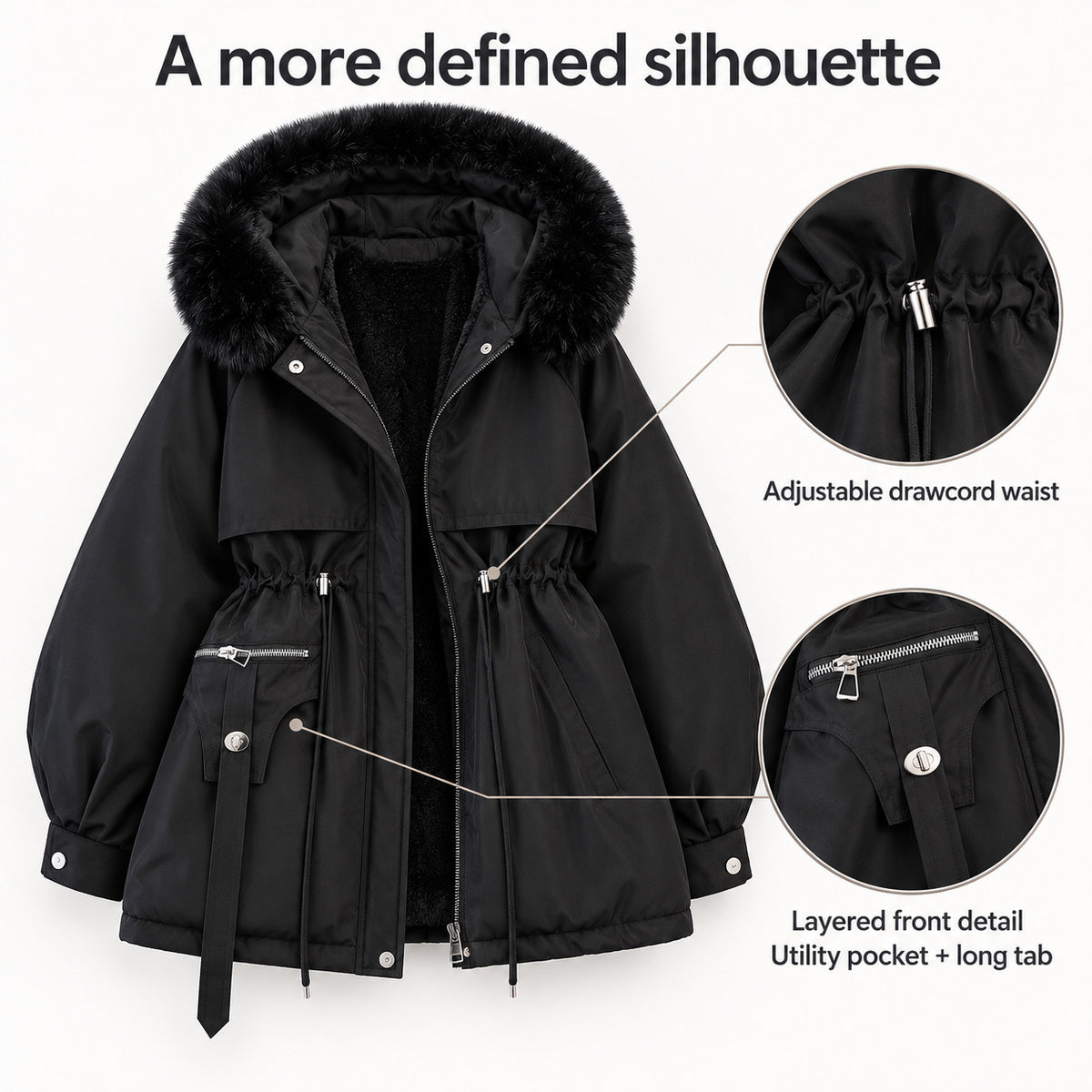 Black parka feature card showing the drawcord waist, layered front details and zipped utility pocket with a long tab.