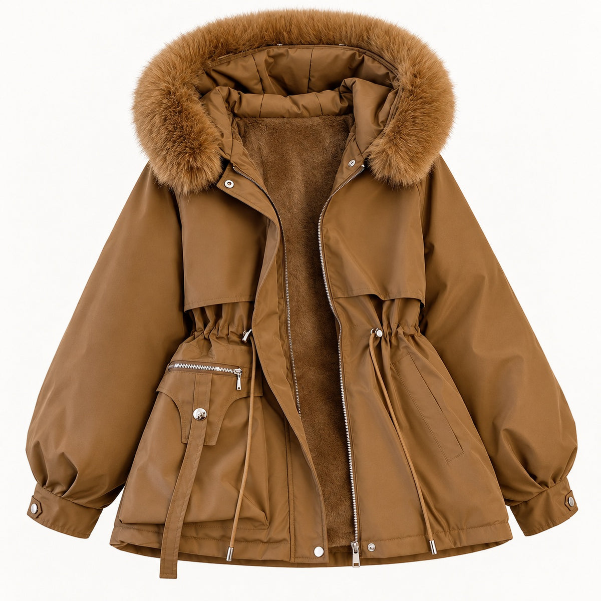 Brown hooded parka shown from the front with a drawcord waist, asymmetric zip utility pocket and long fastening tab.