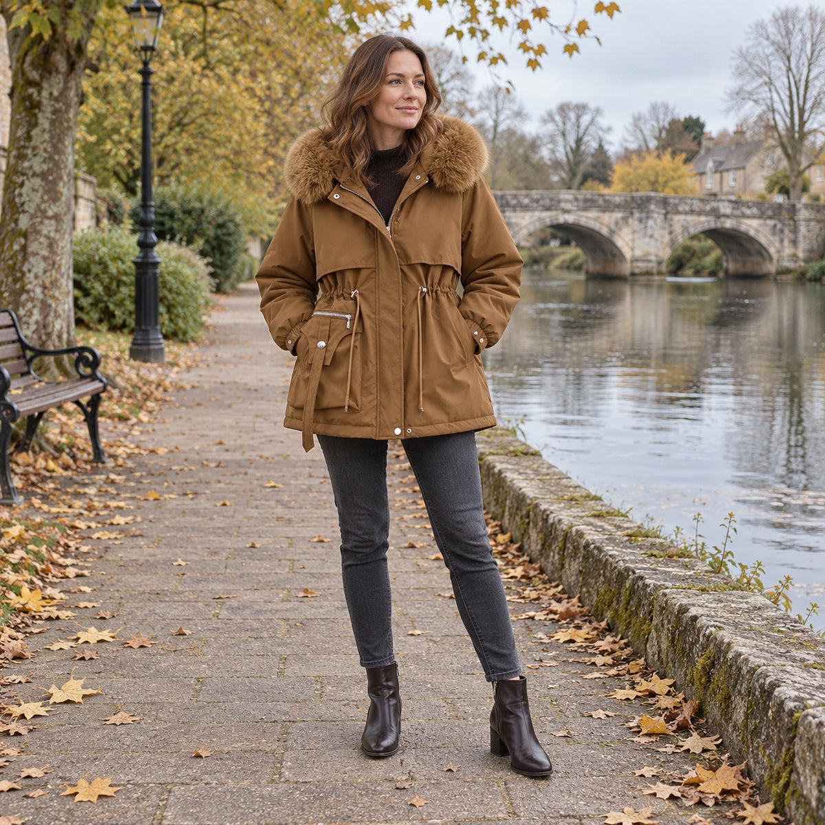 Woman wearing the brown hooded parka on an autumn riverside path, with both ankle boots visible and a stone bridge behind her.
