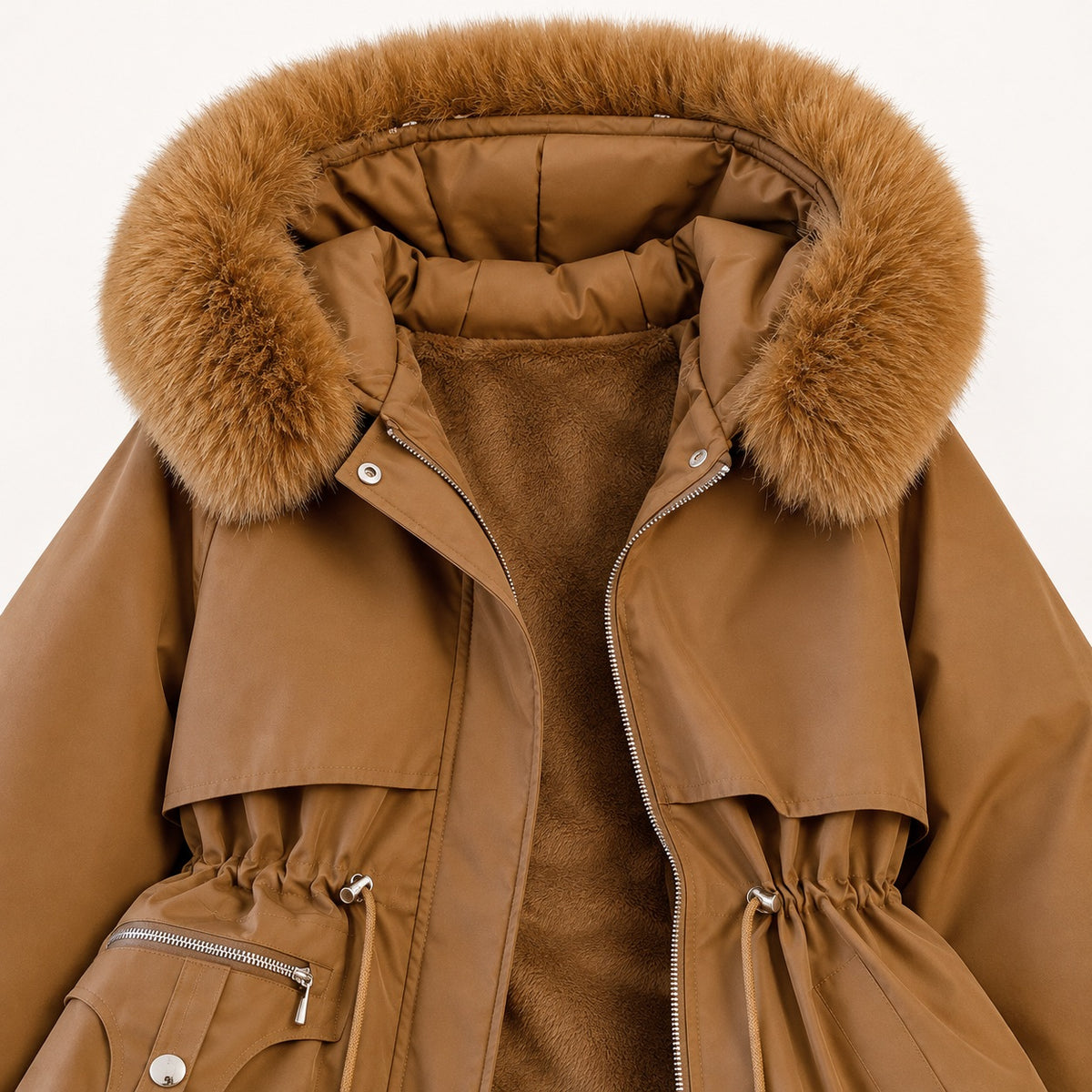Close view of the brown parka's fluffy hood trim, soft short-pile lining, layered front panels and drawcord waist.