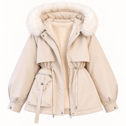 Cream hooded parka shown from the front with an asymmetric utility pocket, long fabric tab, drawcord waist and plush inner lining.
