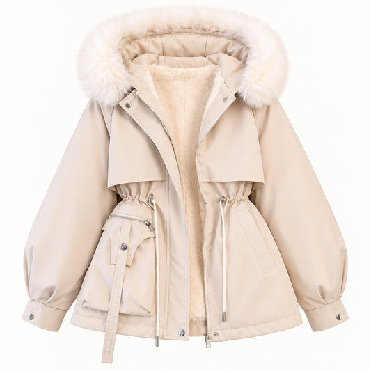 Cream hooded parka shown from the front with an asymmetric utility pocket, long fabric tab, drawcord waist and plush inner lining.